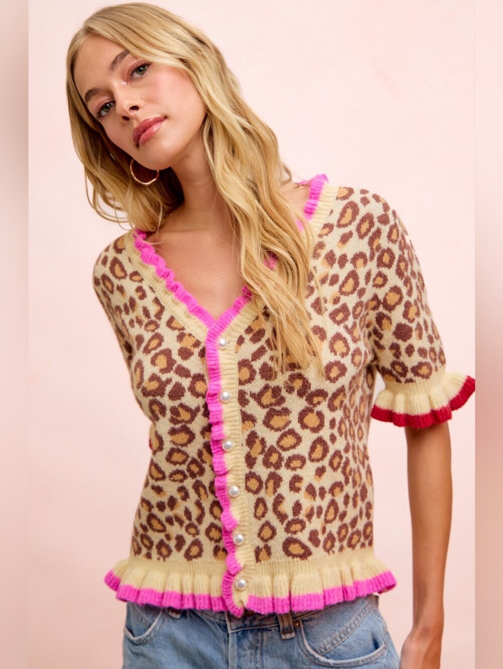 BiBi Leopard Patterned Ruffled Detail Button Cardigan- Fast Shipping!! - Picture 7 of 12